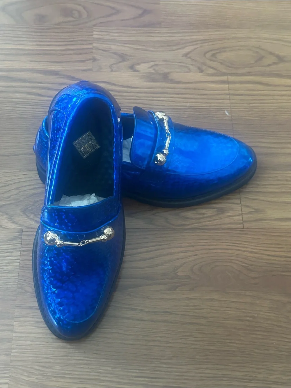 Men's Shiny Blue Slip-On Loafers with Gold Bit Detail